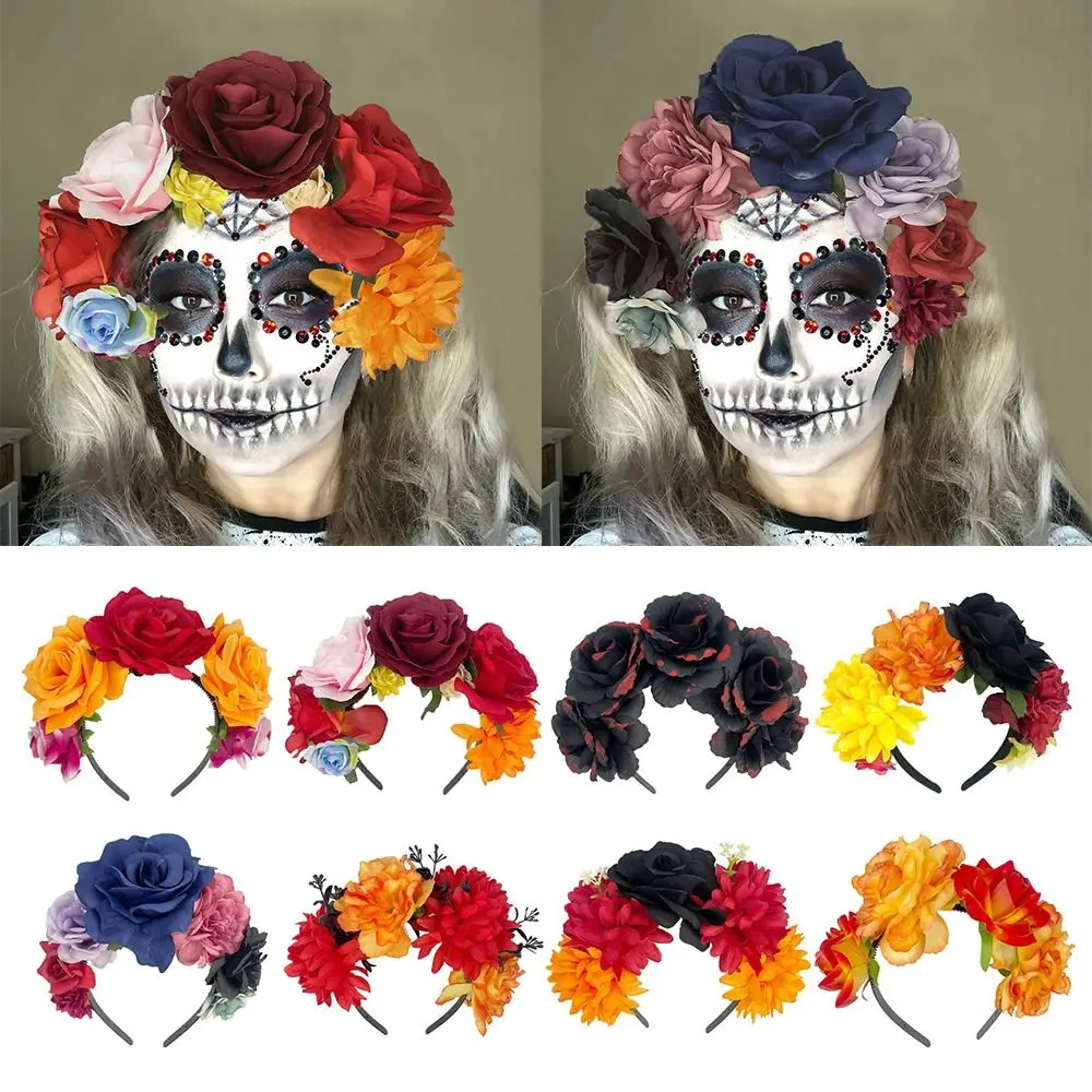 Disfraz de fiesta de Halloween para mujer, accesorios para fotos, corona de flores de Rosa Mexicana Boho, tocado de Mardi Gras Hawaiano