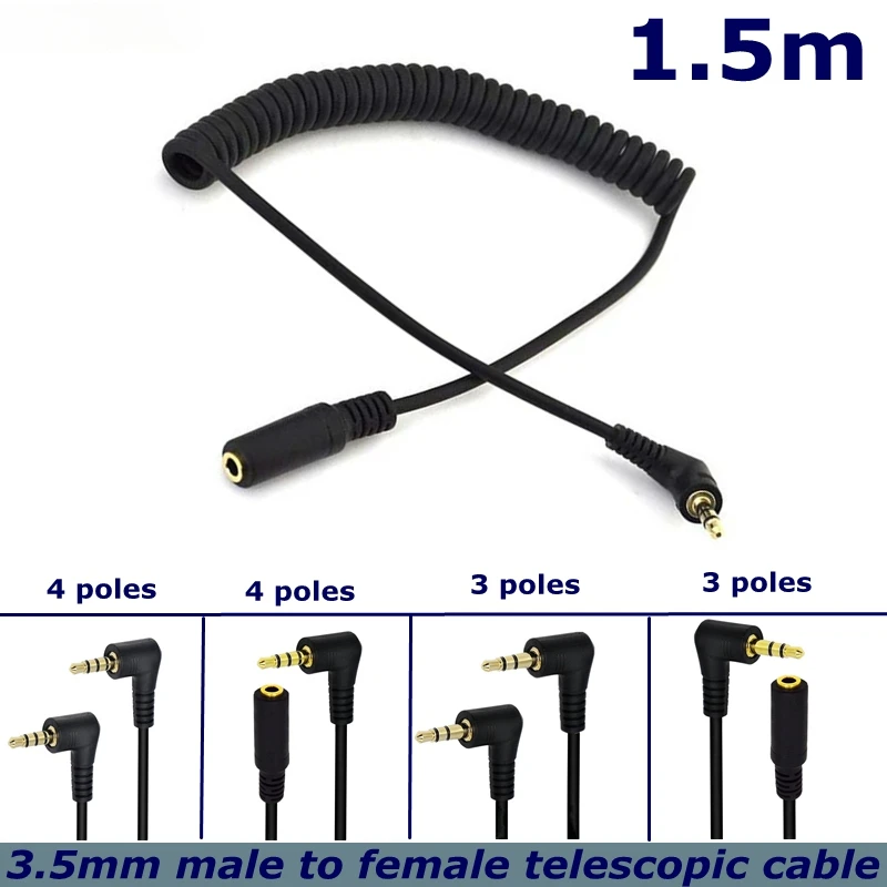 90 Degree 3.5mm 3/4 Pole Male TRS To TRRS 3.5mm 3/4 Pole Male/Female Headphone Stereo Audio AUX Spring Coiled Spiral Cable