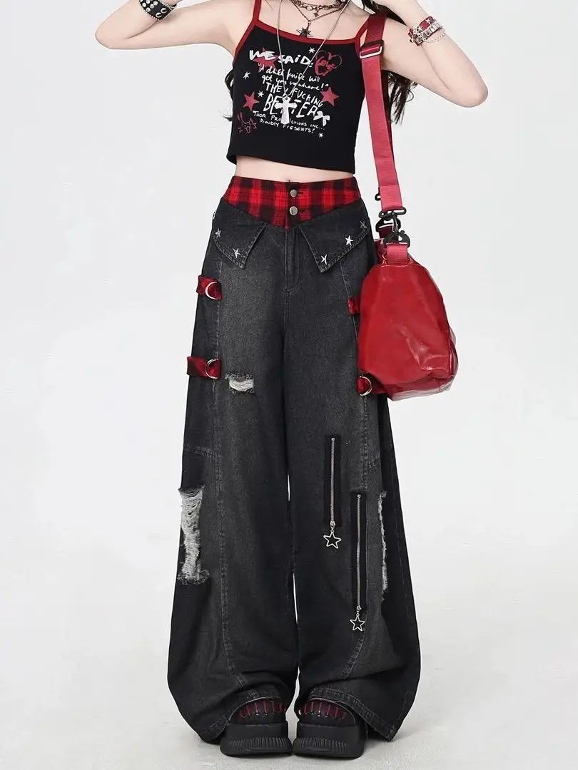Y2K rouge gothique Hip-Hop trou Vintage jean fille haute rue tendance américain Baggy lavage ceinture globale épissage femme pantalon à jambes larges