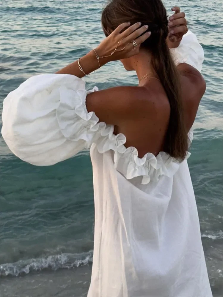 Women Dress Sexy Slash Neck White Fashion Elegant Beach Party Holiday Casual Dresses New Female Ruffles Lantern Sleeve Vestidos