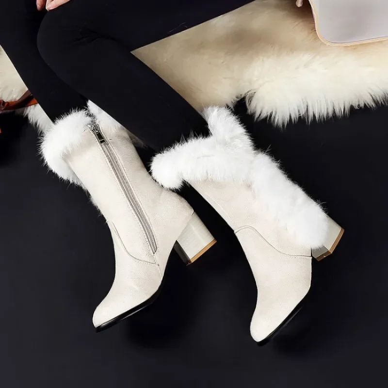 New Winter Women Boots Casual Warm Fur Mid-Calf Boots shoes Women Slip-On Round Toe wedges Snow Boots shoes Muje Plus size 45