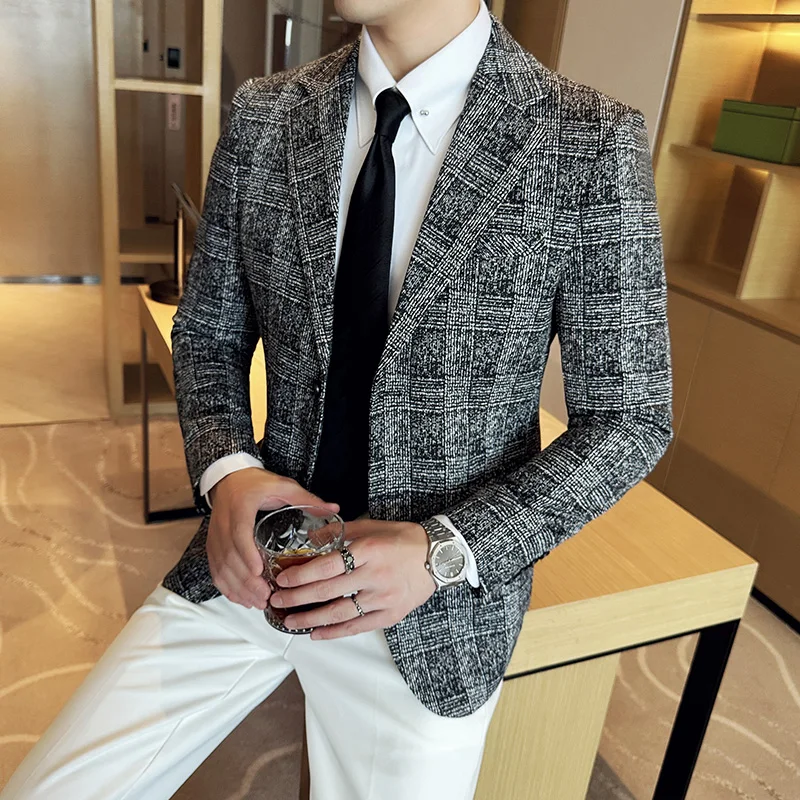 

High Quality Business Casual Handsome 2024 New Wedding Korean Version Slim Suit Meteor Shower Line Checkered Suit Jacket M-4XL