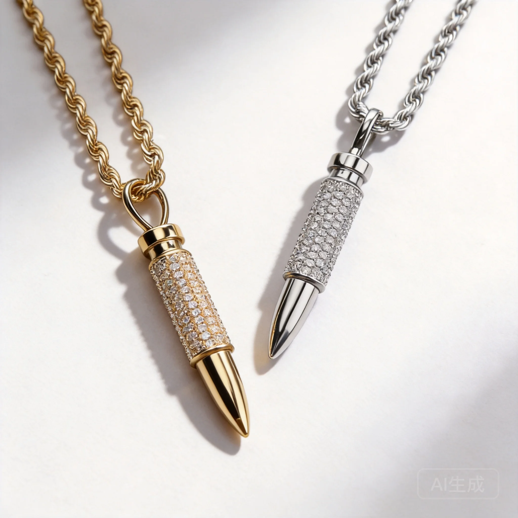 Iced Out Micro Pave Zircon Bullet Pendant Necklace Mens Lucky Amulet Hip Hop Rapper Jewelry Gold Silver Twisted Chain Chinese