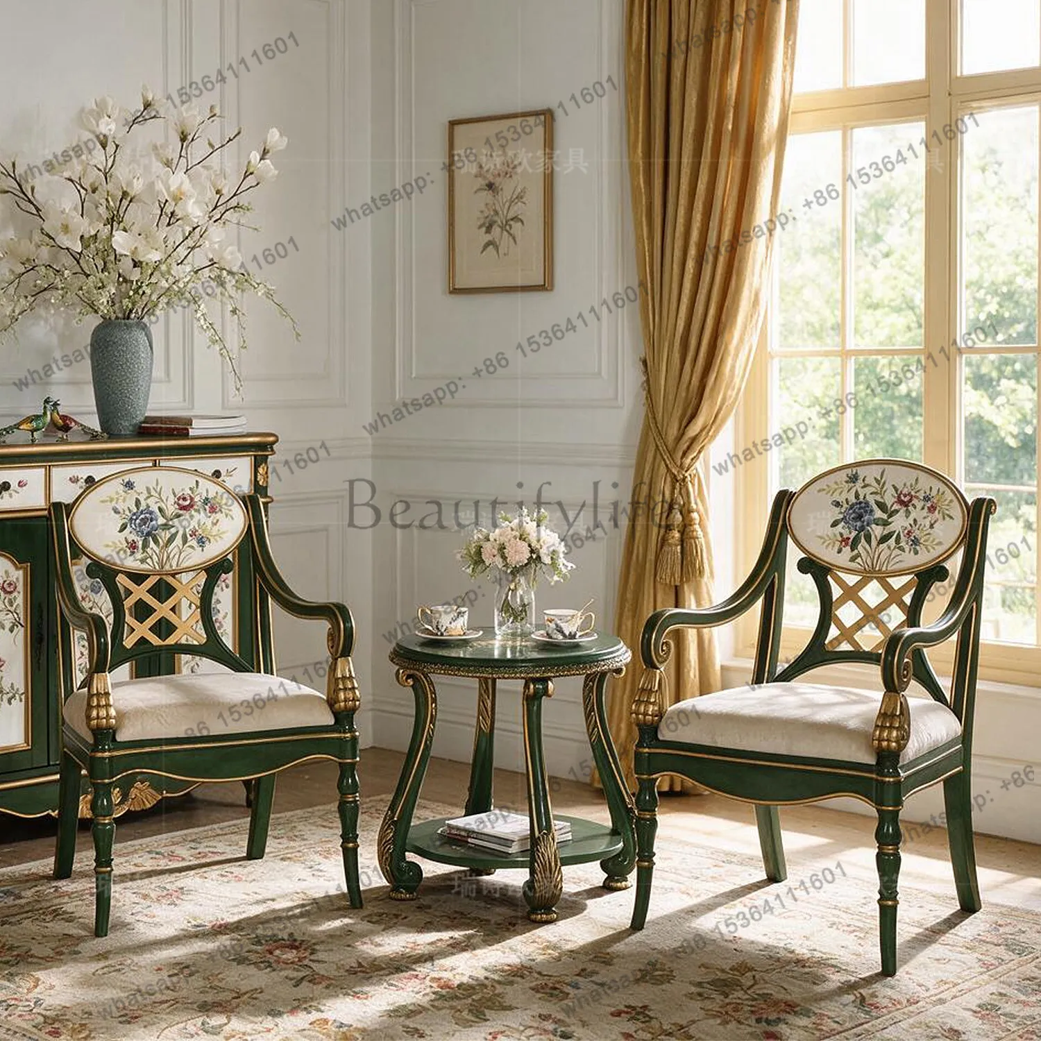 Factory Direct Sales American French Armrest Leisure Chair Solid Wood Painted Table and Chair