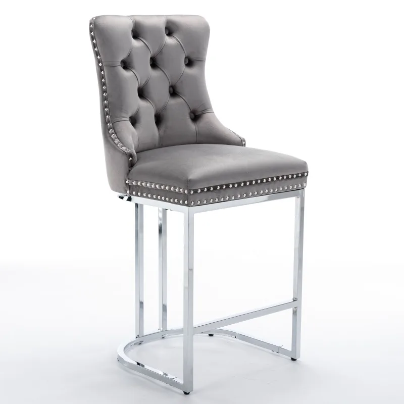 

Modern Velvet Counter Height Wine Bar Stool Set 2 Pieces Free Shipping Household Furniture with Stainless Steel Dining Chairs