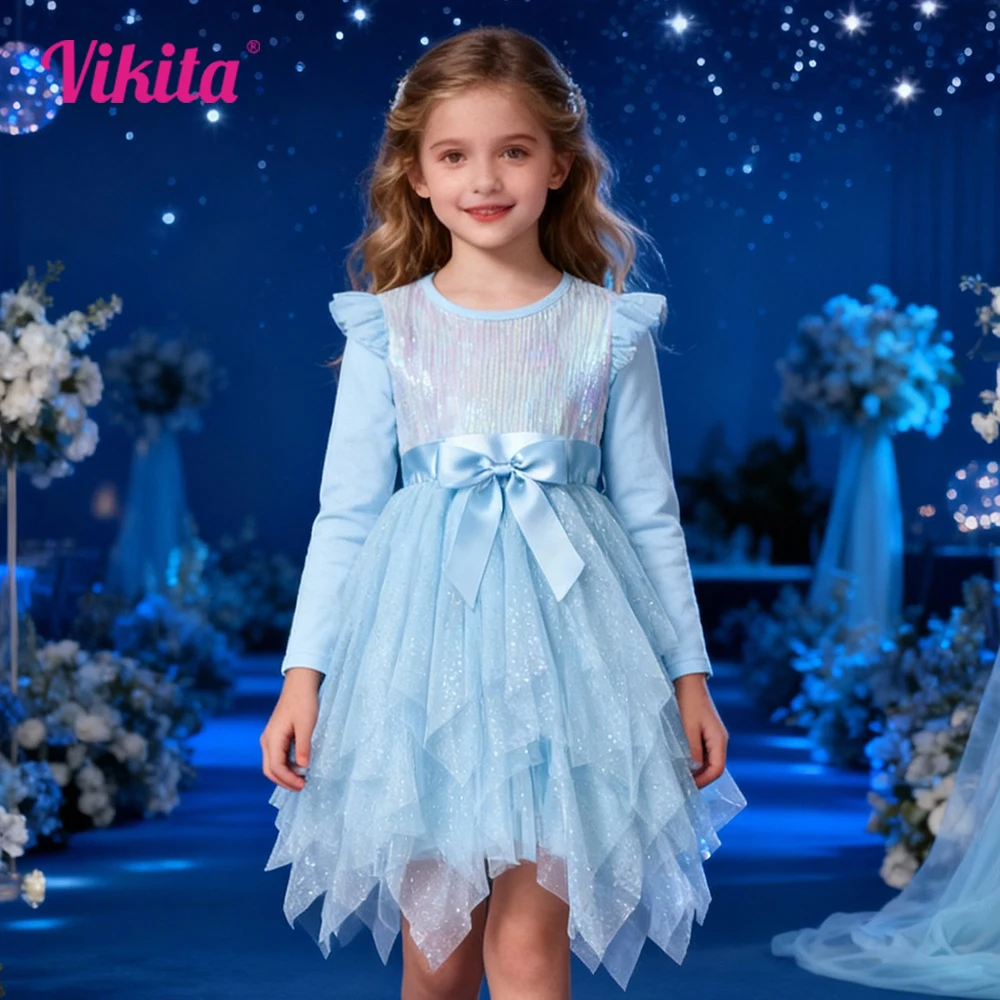 Vestido azul claro brillante de manga larga para otoño y primavera para niñas, vestidos de fiesta de princesa con tutú en capas irregulares brillantes con lentejuelas para niños pequeños