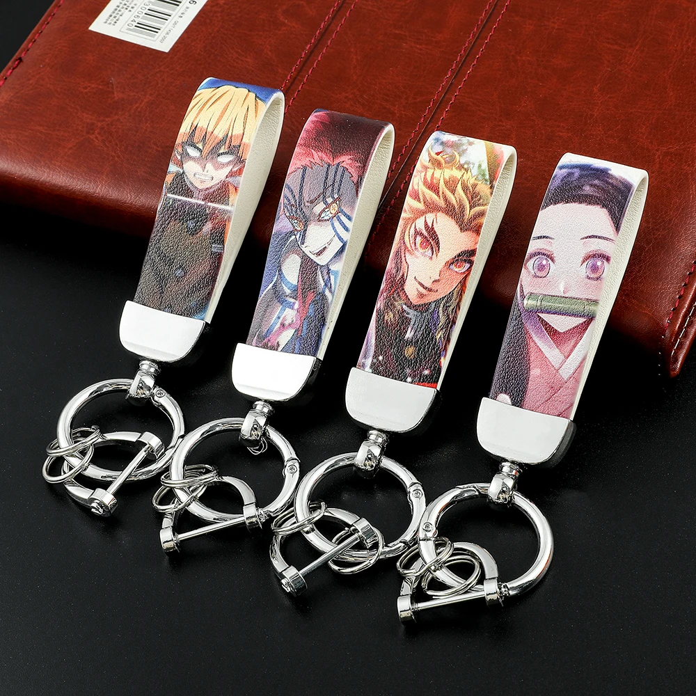 Anime Demon Slayer Leather Keychain Kimetsu No Yaiba Figure PU Leather Badge Keyring Jewelry Car Key Holder Pendant Accessories