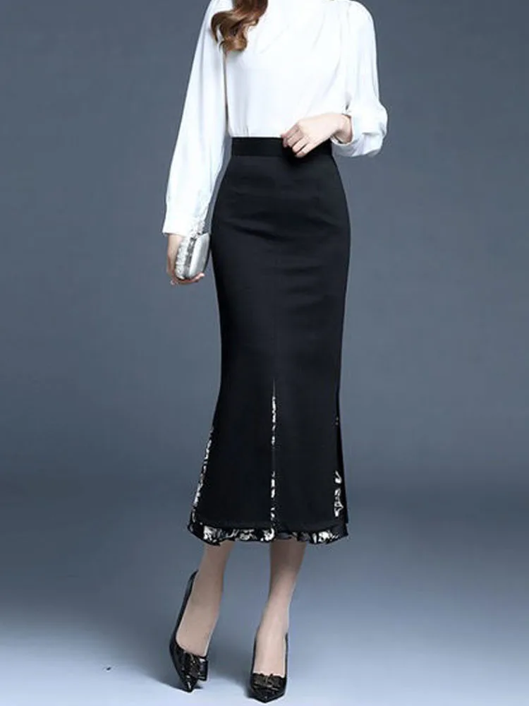 FairyShely 2025 Women Summer Mermaid Split Skirt Print Splice High Waist Skirts Knee Black Midi Office Lady Pencil Skirt