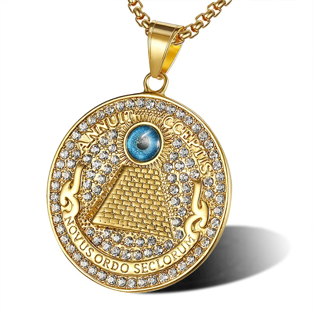 Egyptian Pyramid All See Eye Pendant Necklaces Male Gold Color Stainless Steel Round Necklace For Men Iced Out Egypt Jewelry