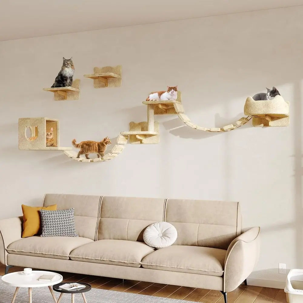 9-in-1 Wall-Mounted Cat Furniture Set with Plush, Wooden Climbing, Scratching Post, and Bridge Ladder - Space-Saving Beige