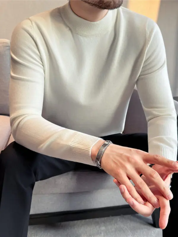 

High Quali Men's Slim Fit Knit Sweater f High Collar Color mid Ne Winter New Sle Casual Comfortable Warmth
