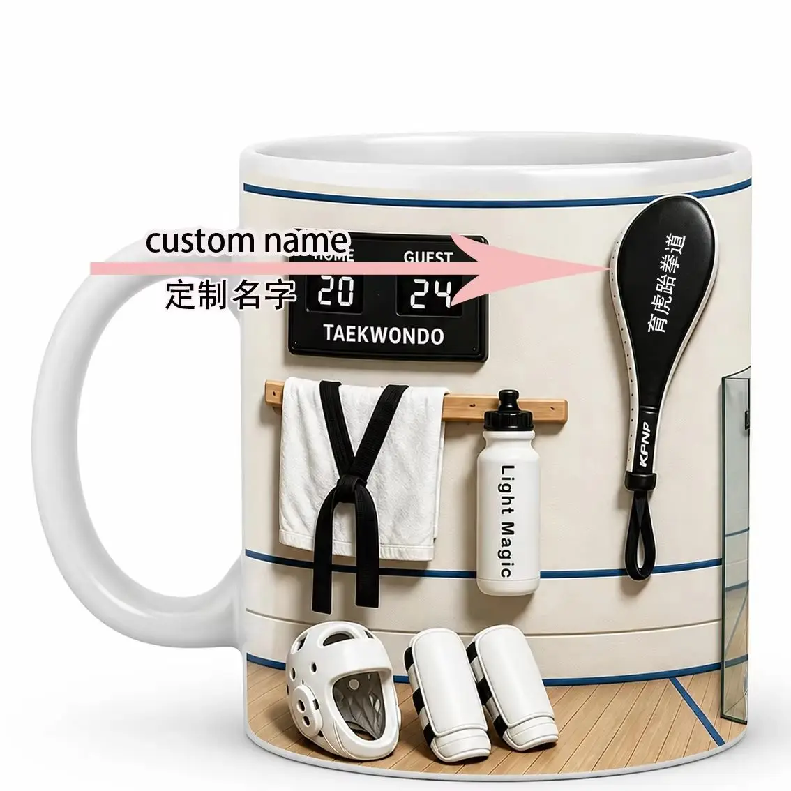 Taekwondo Ceramic Mug with Custom Name, Martial Arts Kick Pattern Cup, Karate Dojo Champion Gift for Coach Students, Black Belt