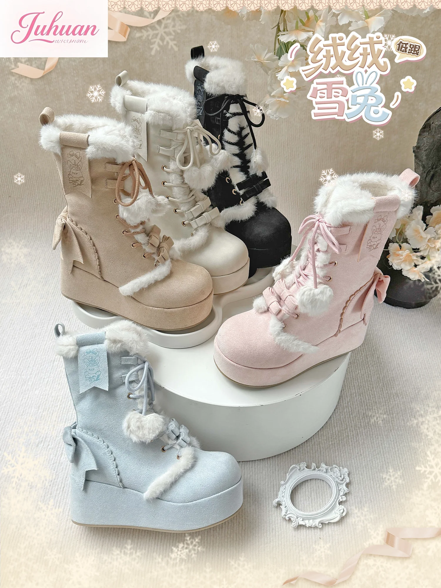 Japonais automne hiver doux mignon plate-forme Lolita Bow moelleux coton chaussures avec polaire chaud plate-forme chaussures neige chaussures doux fille