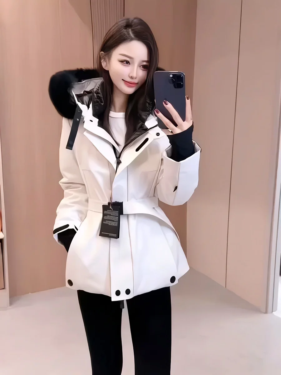 

Women's Winter Puffer Jaet White Du down Waist-Cinching Large Fur Collar Skiing Clothes Korean Sle Long Sve Coat