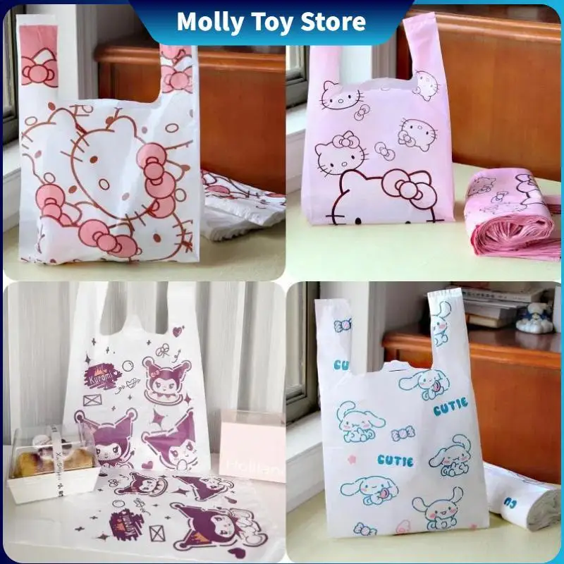 Sanrio-bolsa de plástico para la compra, 50 piezas, Hello Kitty, Cinnamoroll, Kuromi, portátil, de dibujos animados, bonita, para el hogar