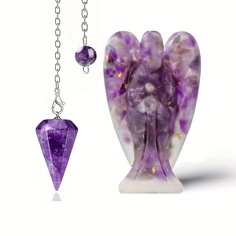 1set Natural Crystal Orgonite Angel Statue & Cone Pendulum Set Crystal Chips Dowsing Divination Tool Healing Decor Gift