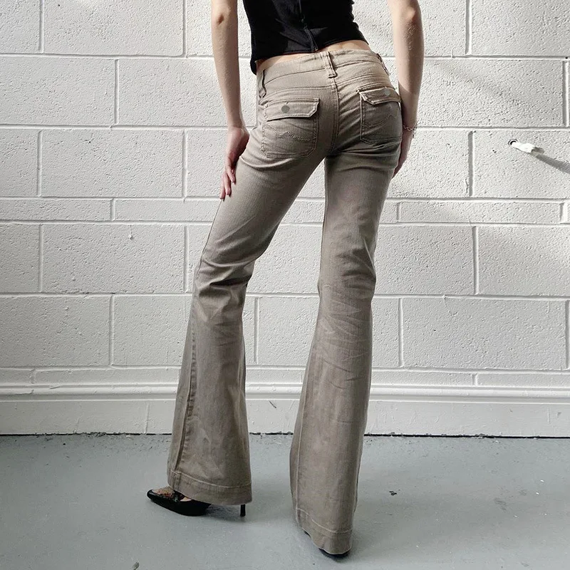 Personalized American Retro Workwear Style Pocket Denim Micro Flared Pants Design Distressed Low Waist Spicy Girl Casual Pants