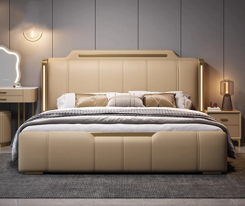 

Hot Selling Modern Touch Led Light King Up-holstered Beds Soft Faux Leather Double Queen Bed Frame Bedroom Furniture Wholesale