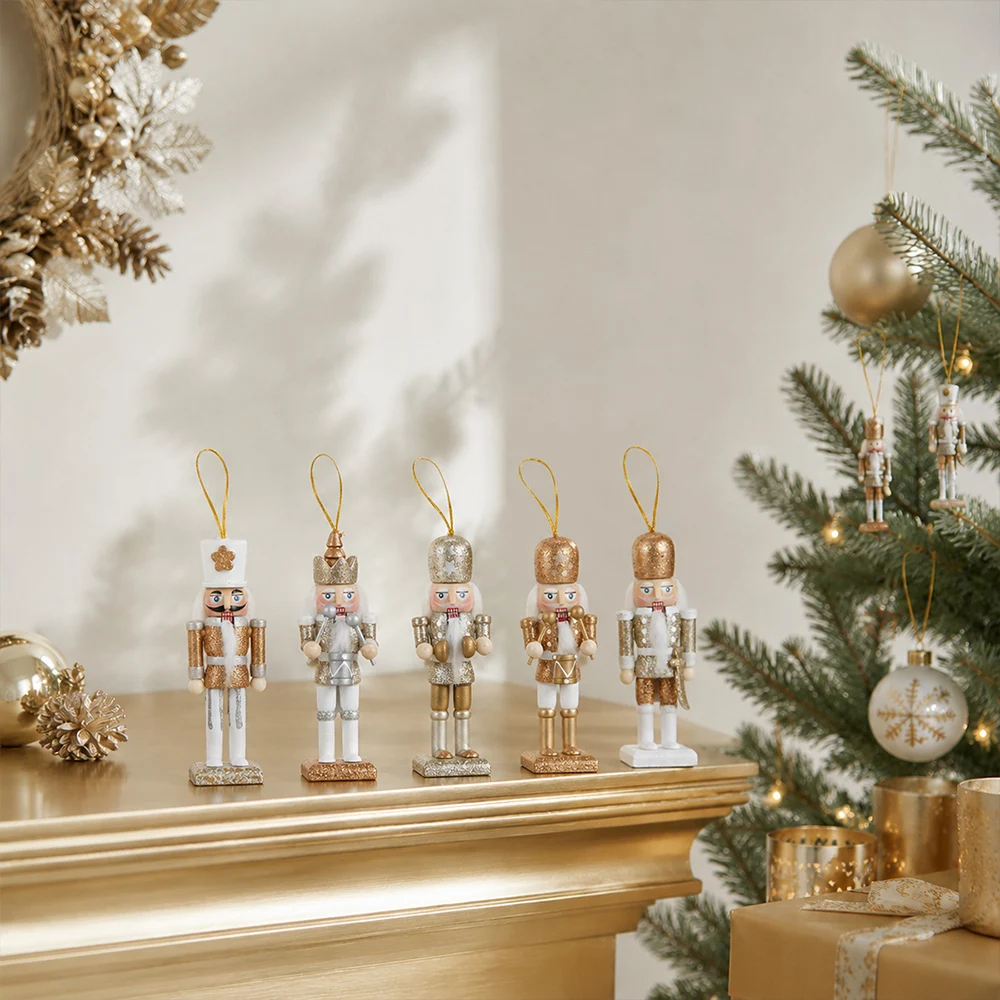 5 Stück 12cm Nussknacker-Puppen aus Holz, Handgefertigte Soldatenfiguren, Tischdekoration, Christbaumanhänger, Weihnachts- und Neujahrsdekoration – Detail 2