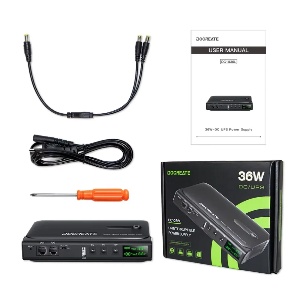 DC18W/36W DC1018L/DC1036L 1A/2A 5V/9V/12V Large Capacity Multipurpose Mini Portable UPS Backup Power Adapter for WiFi, Router