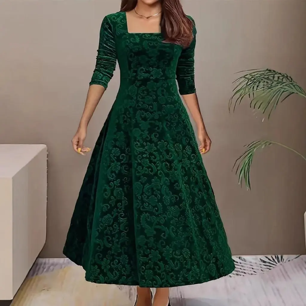 

New Large Size Elegant Pure Color Jacquard Dress European And American Style Square Neck Long-Sleeved Fashionable Women's Dress