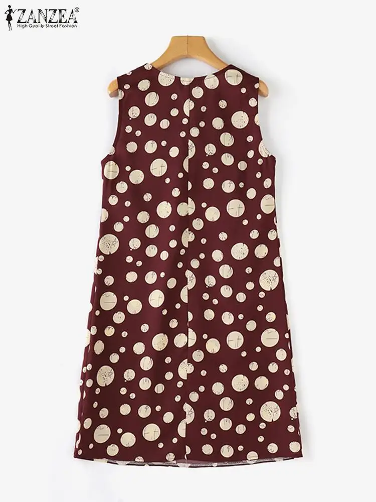 ZANZEA Vintage Sleeveless Tank Robe Women V-neck Knee Dress 2024 Summer Polka Dot Vestido Casual Loose Fashion Vacation Sundress