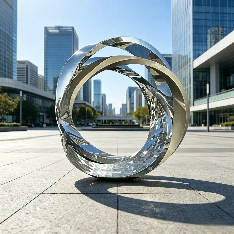 Intertwined Double Ribbon Ring Stainless Steel Sculpture Mirror Faceted Custom For Outdoor Commercial Waterside Plaza Landscape