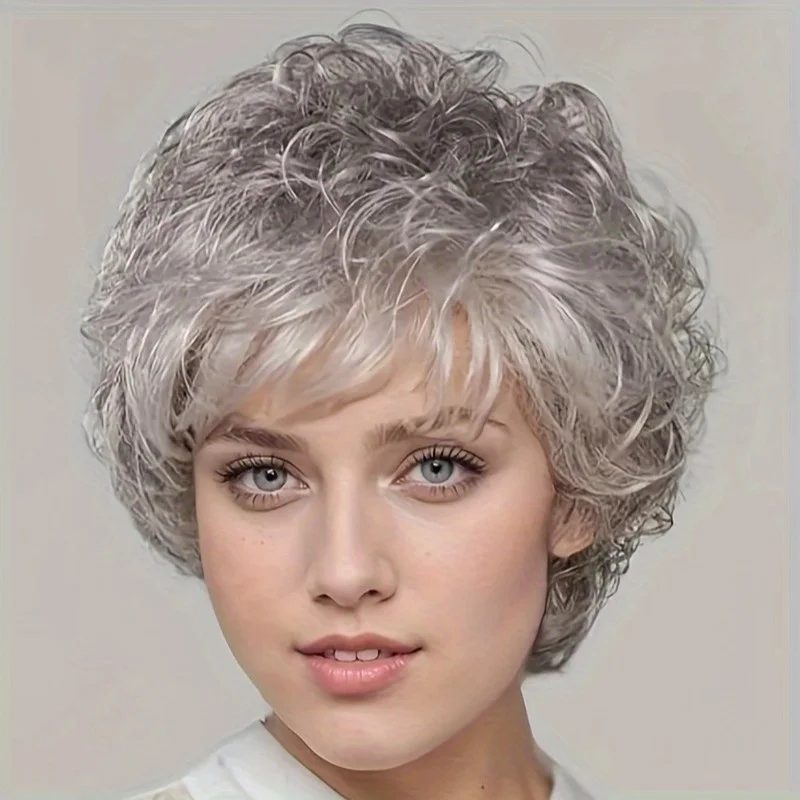 

Silver-white ladies' fashion ombre curly synthetic short wig - elegant polyester bob full wig