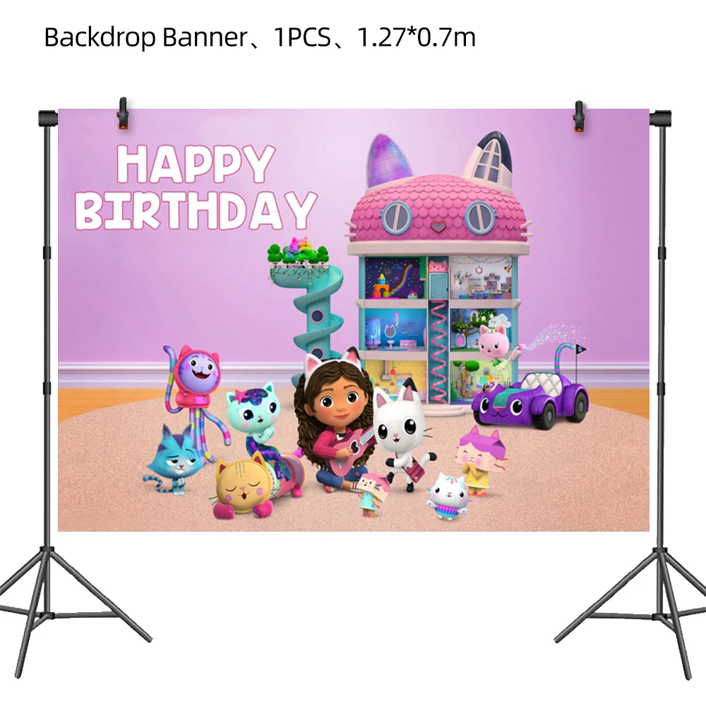 Gabby Dollhouse Birthday Decoration Tableware Plates Cup Napkin Banner Gift Bag Background Tablecloth Balloon Kid Party Supplies