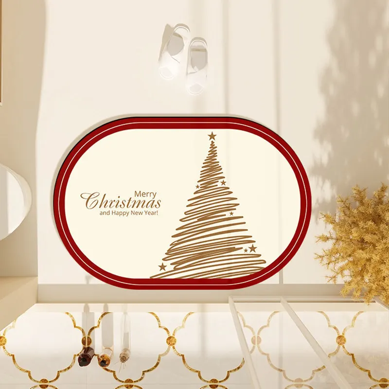 VIKAMA Red Frame Beige Christmas Hat Print Bath Mat Quick Dry Machine Washable Bathroom Kitchen Christmas Holiday Home Decor