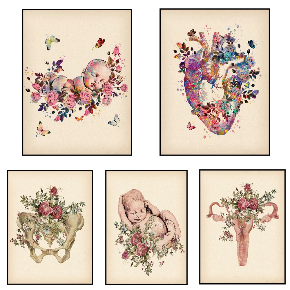 Vintage Birth Art Obgyn Poster Baby Painting Fetal Newborn Art Female Uterus Pelvic Poster Biology Art Pregnancy Gift