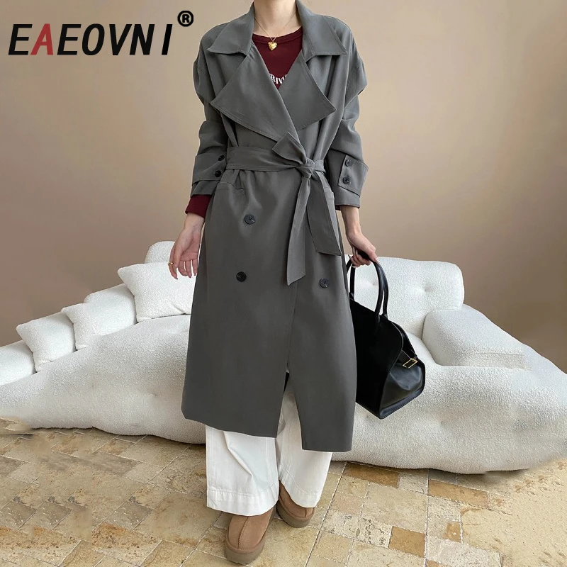 EAEOVNI Autunno Temperamento Trench lungo Donna Cintura tinta unita Doppio bottone Giacca a vento moda Versatile 2025 Nuovi vestiti