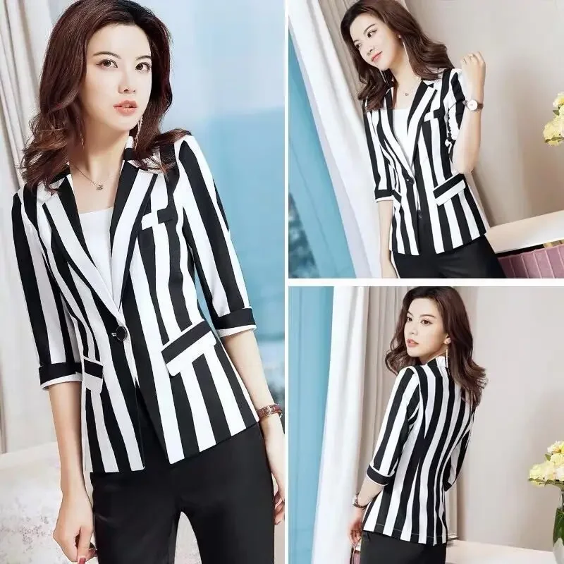 Vintage Indie Striped Blazer Suit Women Long Sleeve Double Breasted Suit 2023 Woman Commute Casual Jacket Blazer Plus Size Coat