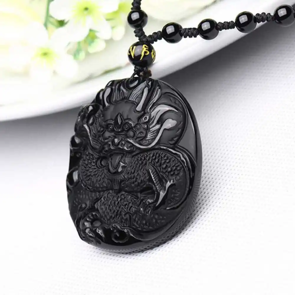 

100% Natural Obsidian Carved Dragon Lucky Amulet Pendant Men Pendants Jewellery Chain Women Quartz Natural Charm Gold Healing