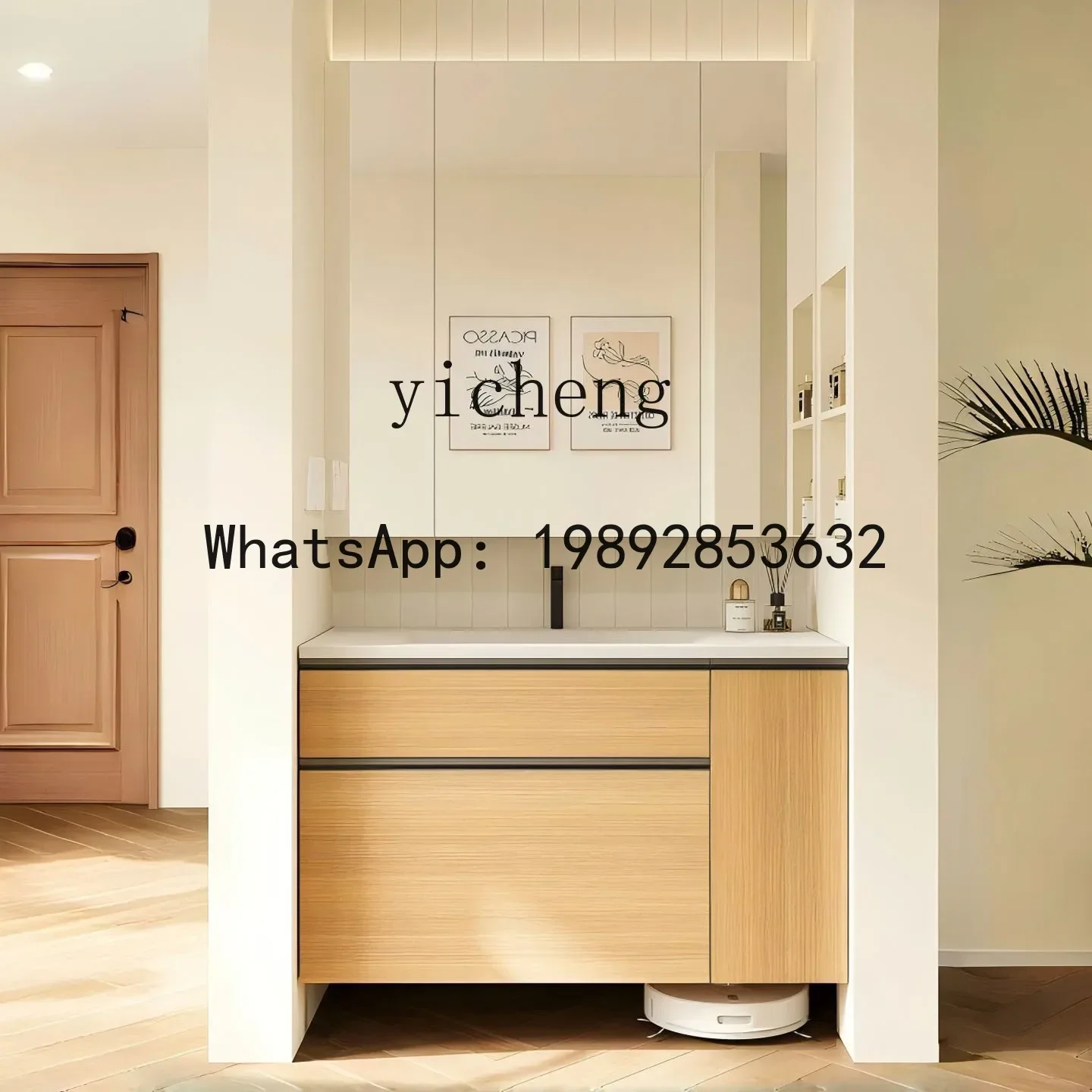 Y1 Japanese Style Bathroom Cabinet with Full-Length Mirror, Ceramic Integrated Basin, Storage Side Pull Basket,  Basin Cabinet
