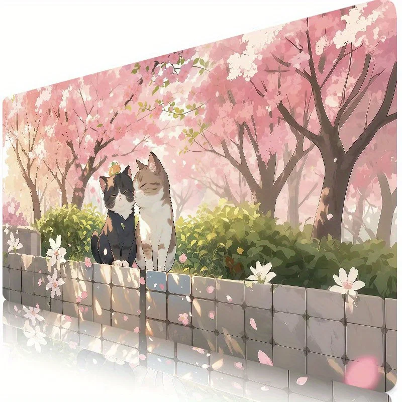 Simpatici gatti anime in fiore di ciliegio Tappetino per mouse design da giardino, tappetini da tavolo Tappetini per mouse per tastiera da gioco antiscivolo in gomma XL Tappetino lungo
