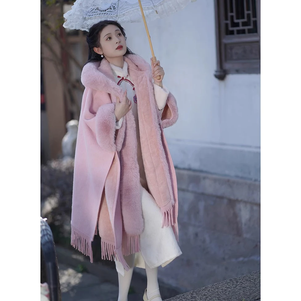 Upgrade Thicken Fashion Faux Rabbit Fur Coat Cape Hooded Women Winter Loose Wool Blends Cloak Long Overcoat Velvet Lining Warm