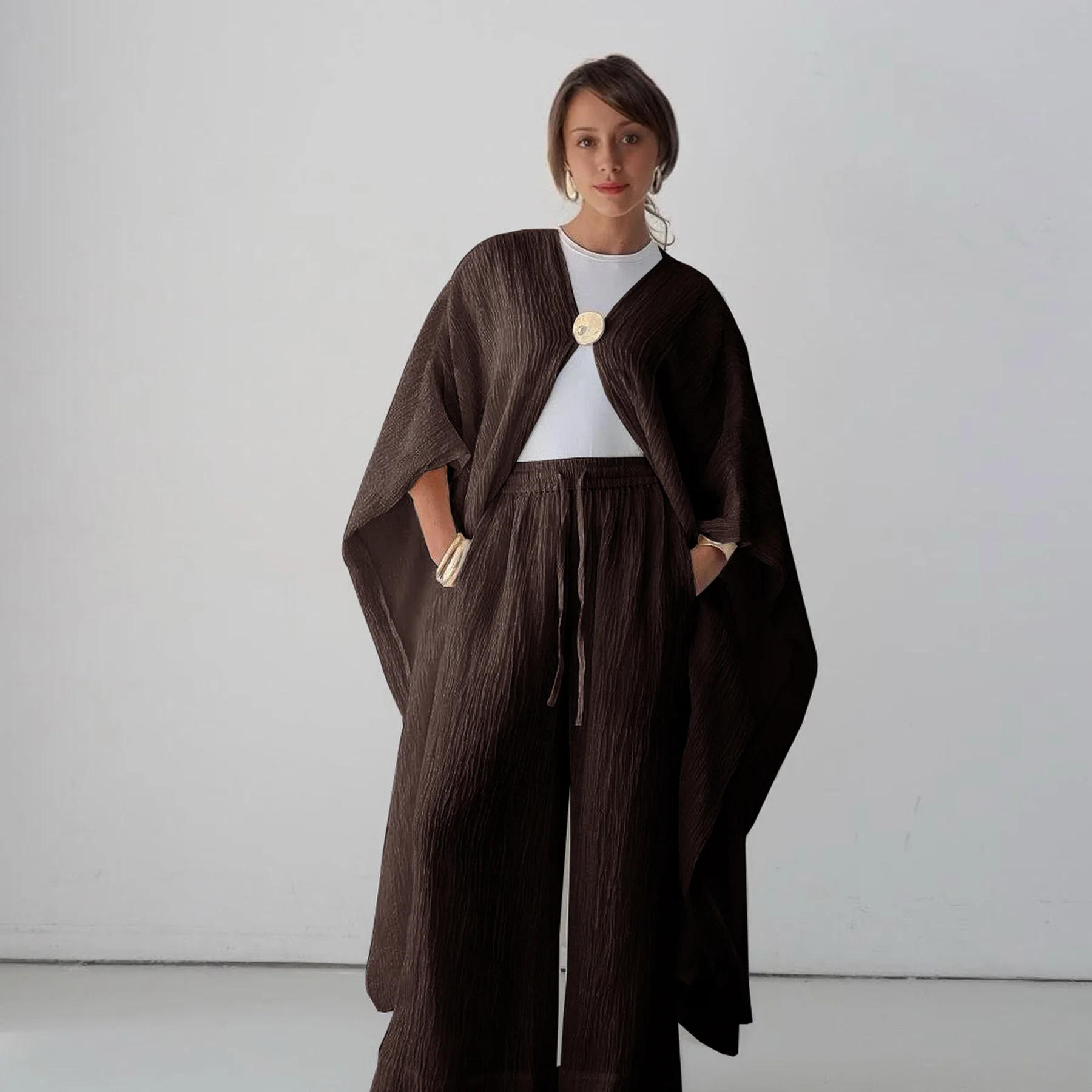 

Muslim Women Kimono Cardigan with Pants 2 Piece Set Dubai Abaya Turkey Kaftan Eid Islam Clothing Suit Femme Musulmane Ensembles