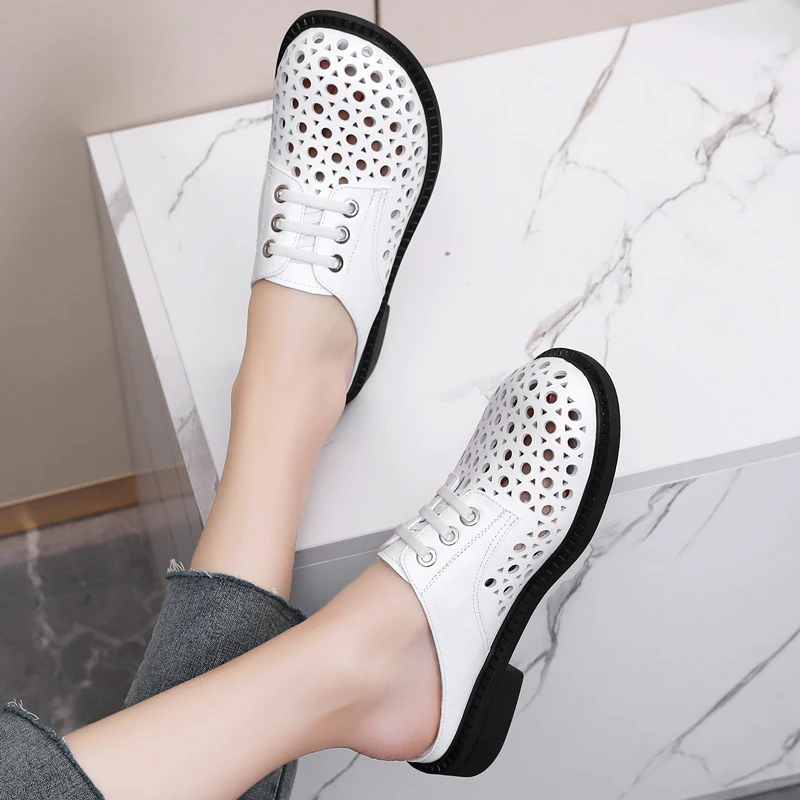 Leather Open-Toe Flat Bottom Sandals Women's Fashionable Outdoor Wear Soft Bottom Hollow out Casual Style Spring Summer