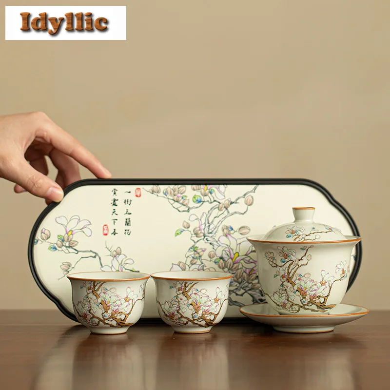 

Ru Kiln Magnolia Flower Tea Set Complete Set Elegant Tea Ceremony Set Teapot And Tea Cup Set Tableware Equipment Collection Gift