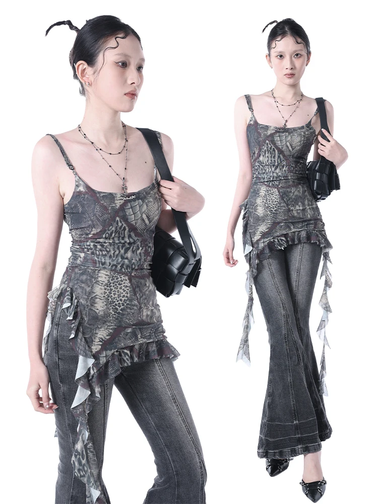 

Summer 2025 Sexy Bla Tie Dye Asymmetrical Lace Crop Top Women's Outerwear Adjustable Strap Bal Vest Blouse Trendy Sle