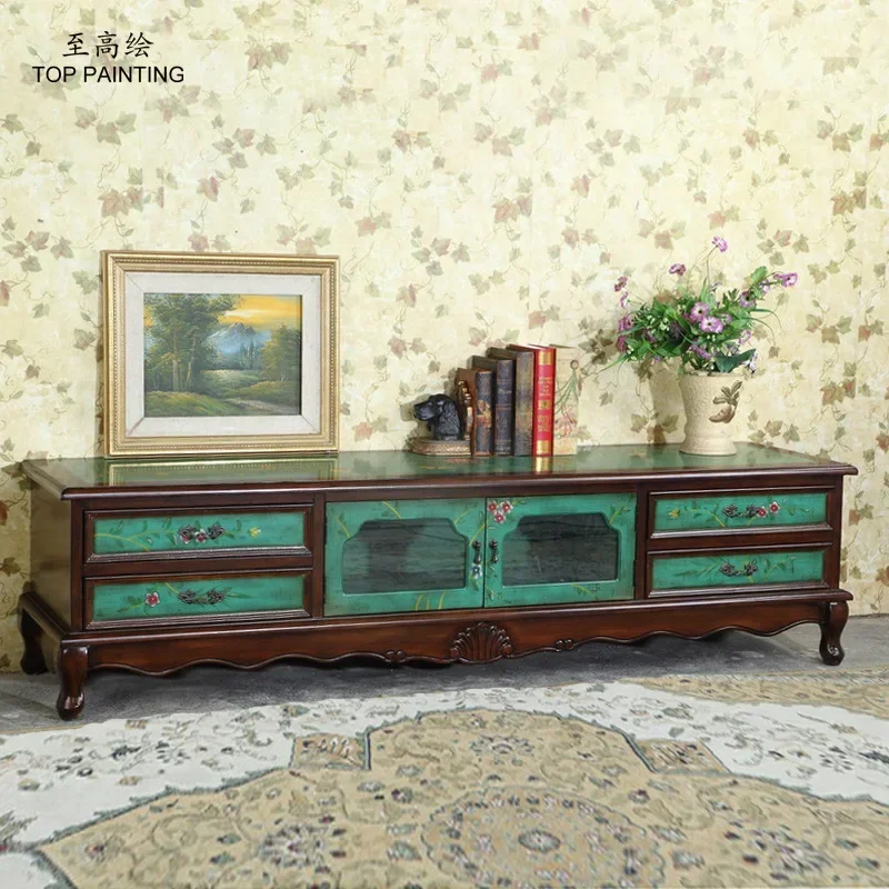 TV Cabinet Living Room Floor Cabinet Pastoral Painted Retro Green Bedroom Locker