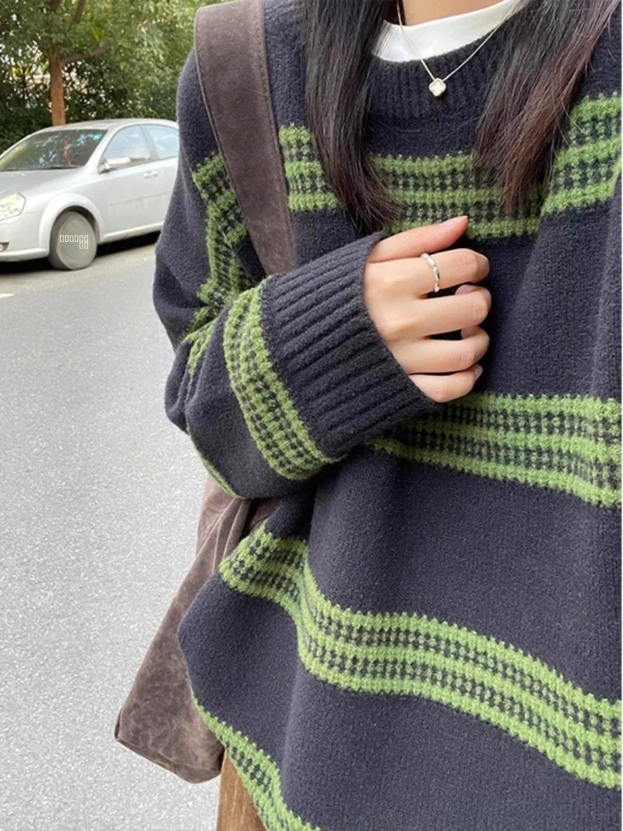 

Retro een Striped Women's Sweater Soft Knitted Long Sve round Ne Pullover Autumn New Sle Color Blo Anti-Aging Top