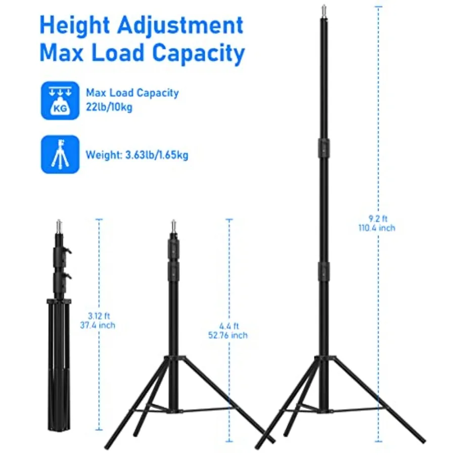 Photography Light Stand 9.2ft/110'', Heavy Duty Light Stand Aluminum Alloy Spring Cushioned Tripod for Ring Lights, Strobe Ligh