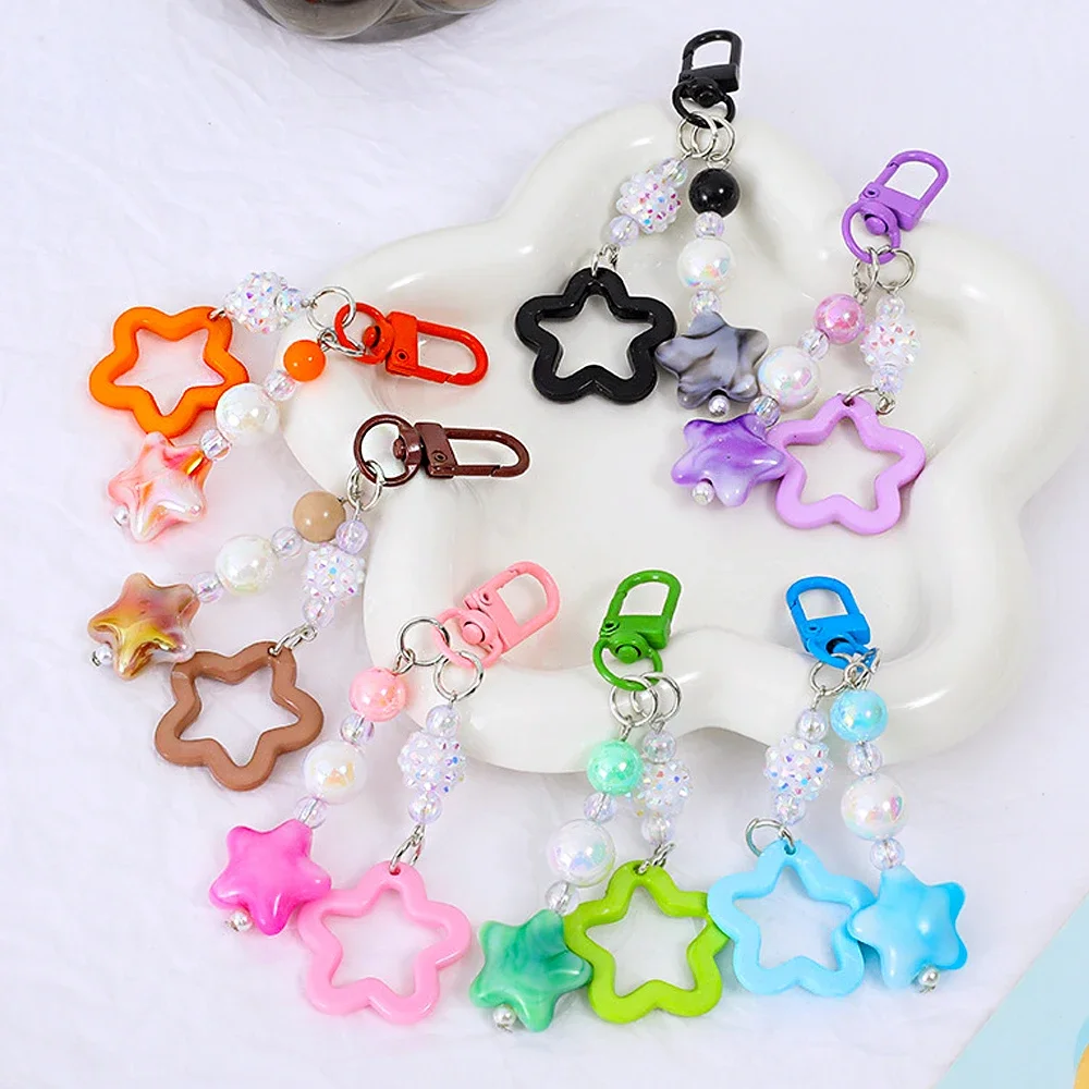Gradient Color Star Beaded Keychain Imitation Pearl Acrylic Hollow Pentagram Keyring Girls Earphone Case Phone Decor Ornaments image 5