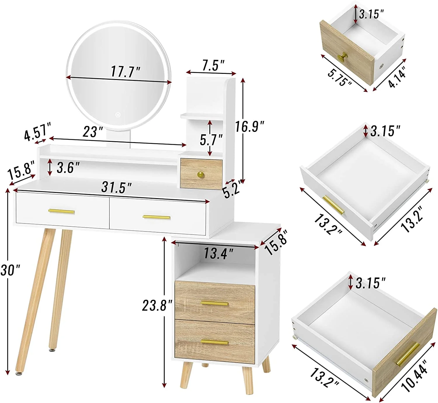 Multifunction make up vanity desk set with lighted mirror Nightstand cabinet and Open Shelves