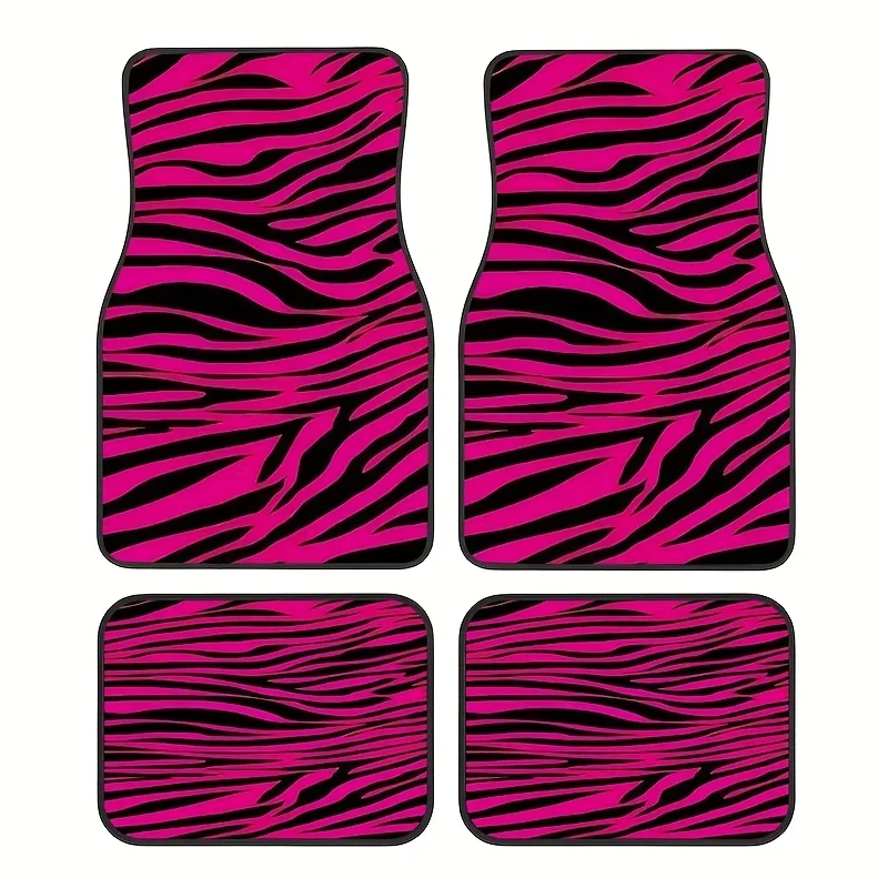 

4pcs Zebra Print Pink Car Floor Mats - Fit For All Vehicles, Durable Polyester, Stylish Interior Accessories For Front & Back Se