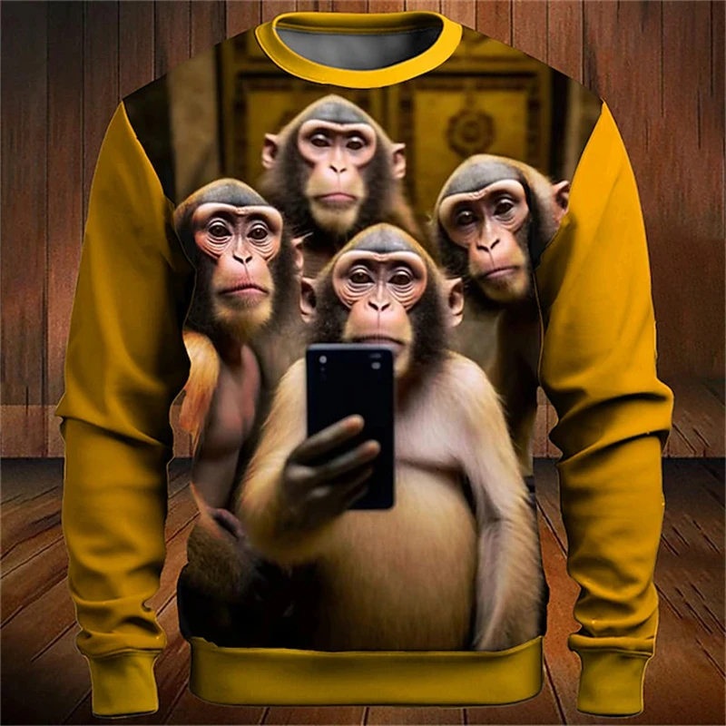 Monkeys With Phone 3d Print Hoodies Women Fashon Animal Graphic Funny Sweatshirts Daily Casual Street O Neck Coats Men Clothing