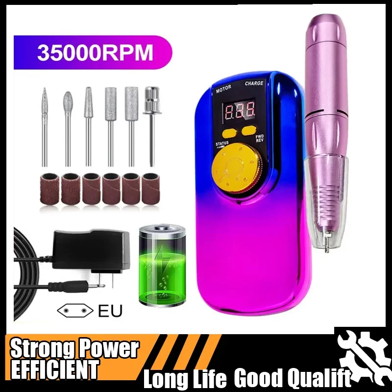 ホット35000RPMポータブル電動ネイルドリルマシン、LCDディスプレイ付き、アクリルジェル用充電式、プロ用マニキュアツール