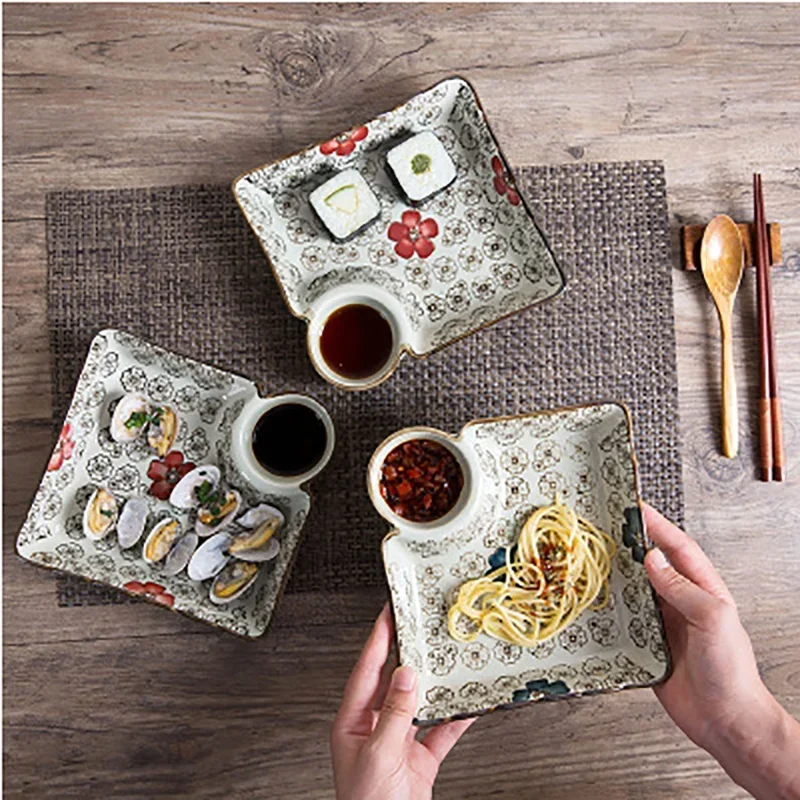 Large Square Dumpling Plate with Vinegar Space Snack Platter Creative Separated Divided Tray Tableware Porcelain Serving Plate